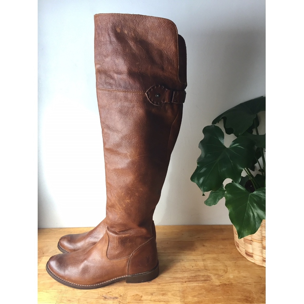 Frye Cognac Leather Shirley OTK Cuffed Boots 77739